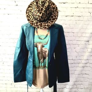 SPIEGEL LEATHER JACKET REAL TEAL BUTTON TIE 10 EUC